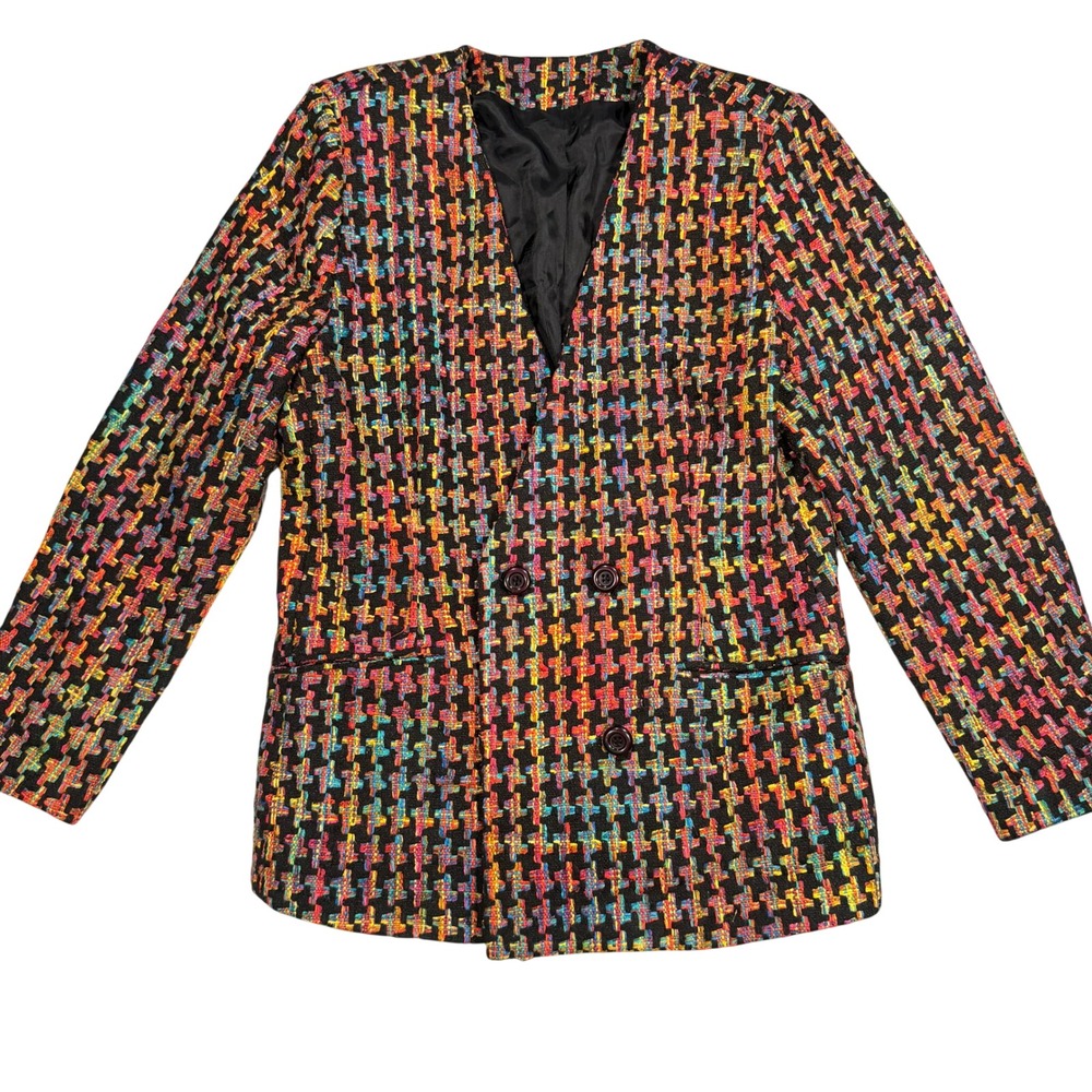 Ann May Silk Blazer Women Multi Color Houndstooth Double Breasted Jacket L